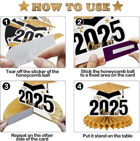 LINGTEER Congrats Grad، فئة 2025 قطع مركزية على شكل قرص العسل لطاولة التخرج - 8 قطع 2025 لافتة ديكورات حفلات التخرج - ذهبي. in Kuwait