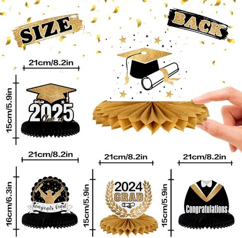 LINGTEER Congrats Grad، فئة 2025 قطع مركزية على شكل قرص العسل لطاولة التخرج - 8 قطع 2025 لافتة ديكورات حفلات التخرج - ذهبي. in Kuwait