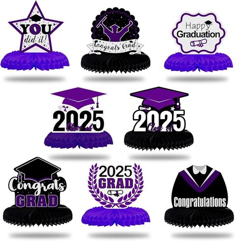 LINGTEER Congrats Grad، فئة 2025 قطع مركزية على شكل قرص العسل لطاولة التخرج - 8 قطع 2025 لافتة ديكورات حفلات التخرج - ذهبي. in Saudi Arabia