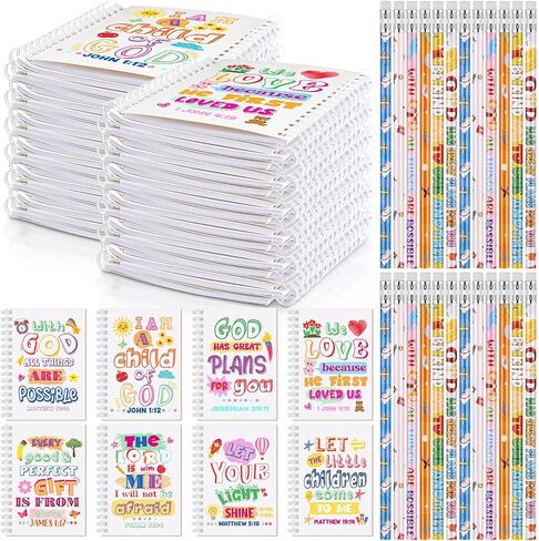 Crtiin 48 Pcs Include 24 Bible Verse Notepad 24 Pencils Kids Christmas Christian Church Gifts Students Classroom Award Religious Notebook Bible Pencils Prayer Pocket School(Classic Style,White) in Kuwait