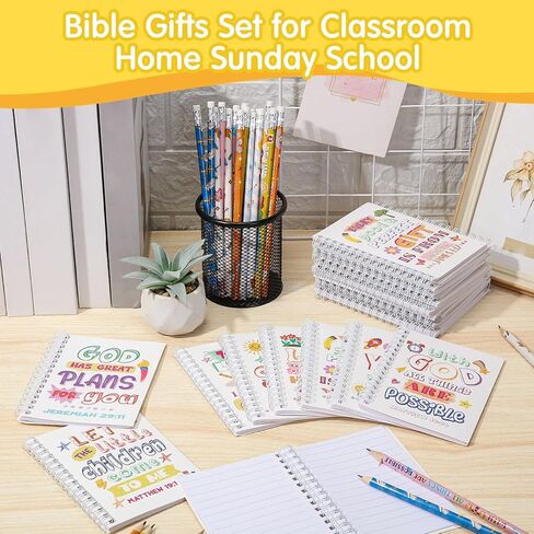 Crtiin 48 Pcs Include 24 Bible Verse Notepad 24 Pencils Kids Christmas Christian Church Gifts Students Classroom Award Religious Notebook Bible Pencils Prayer Pocket School(Classic Style,White) in Kuwait