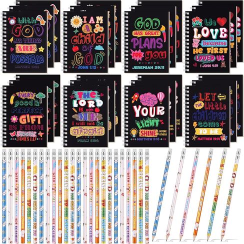 Crtiin 48 Pcs Include 24 Bible Verse Notepad 24 Pencils Kids Christmas Christian Church Gifts Students Classroom Award Religious Notebook Bible Pencils Prayer Pocket School(Classic Style,White) in Kuwait