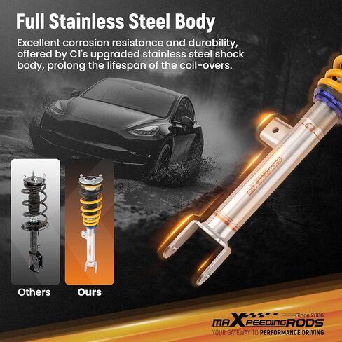 maxpeedingrods Coilover لطراز Tesla 3 2017-2025 RWD، 24 مستوى من مجموعات تعليق Coilovers القابلة للتعديل، ممتص صدمات قابل للتعديل للارتفاع، مجموعات خفض مطورة لراحة الشارع C2 ذهبي in Saudi Arabia
