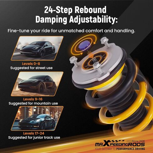 maxpeedingrods Coilover لطراز Tesla 3 2017-2025 RWD، 24 مستوى من مجموعات تعليق Coilovers القابلة للتعديل، ممتص صدمات قابل للتعديل للارتفاع، مجموعات خفض مطورة لراحة الشارع C2 ذهبي in Saudi Arabia