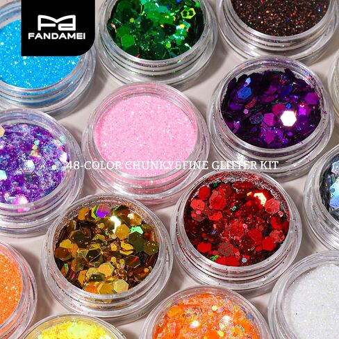 FANDAMEI Glitter, 48 Color Chunky Glitter & Fine Glitter for Crafts, Bulk Rainbow Craft Glitter for Resin Nail Art, Holographic Sparkles for Festival Makeup, Iridescent Flakes for Kids & Adults in Saudi Arabia