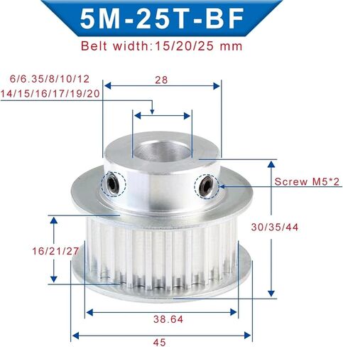 5M Belt Pulley Bore 6/6.35/8 * 17mm Alloy Rubber Width 20mm 25Teeth 1Pcs(19 mm) in Saudi Arabia