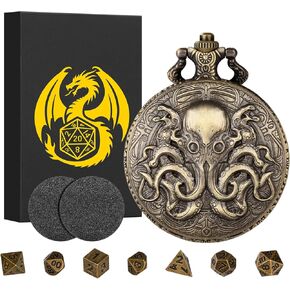 مجموعة نرد DND صغيرة مع علبة ساعة جيب الأخطبوط Steampunk مزدوجة العينين، نرد D&D معدني متعدد السطوح صغير 7 قطع، هدايا DND مع صندوق هدايا، ملحقات ألعاب لوحة لعب الأدوار النرد، برونزية in Kuwait