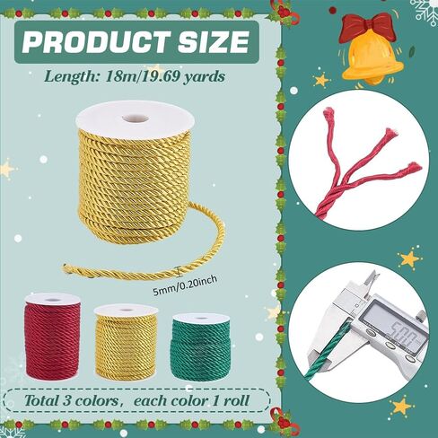 PH PandaHall 3 Rolls Christmas Themed Twisted Cord, 59 Yards 5mm Braided Rope 3-Ply Twine Trim Cord Decorative Silk Twisted Rope for Christmas Home Decor Embellish Costume Drawstrings, 3 Colors in Saudi Arabia