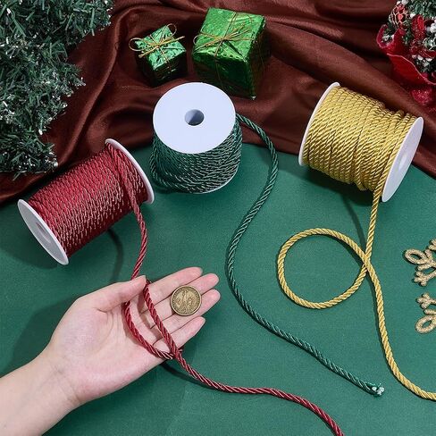 PH PandaHall 3 Rolls Christmas Themed Twisted Cord, 59 Yards 5mm Braided Rope 3-Ply Twine Trim Cord Decorative Silk Twisted Rope for Christmas Home Decor Embellish Costume Drawstrings, 3 Colors in Saudi Arabia