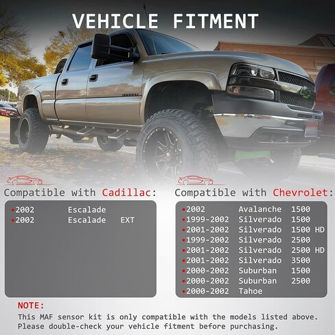 Mass Air Flow Sensor MAF Compatible with 1999-2002 Chevy Avalanche Silverado Suburban Tahoe, 2002 Cadillac Escalade, 2002 Escalade EXT, Replace 25318411 AF10043 25168491 in Saudi Arabia