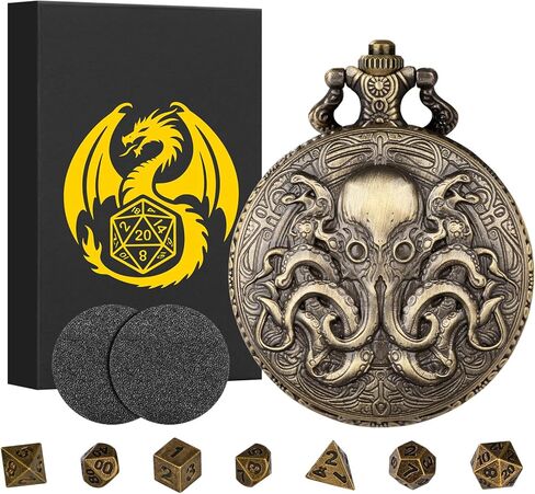 Mini DND Dice Set with Steampunk Double Eyed Octopus Pocket Watch Case, Tiny 7PCS Polyhedral Metal D&D Dice, DND Gifts with Gift Box, Role Playing Game Board Game Accessories Dice, Bronze in Saudi Arabia