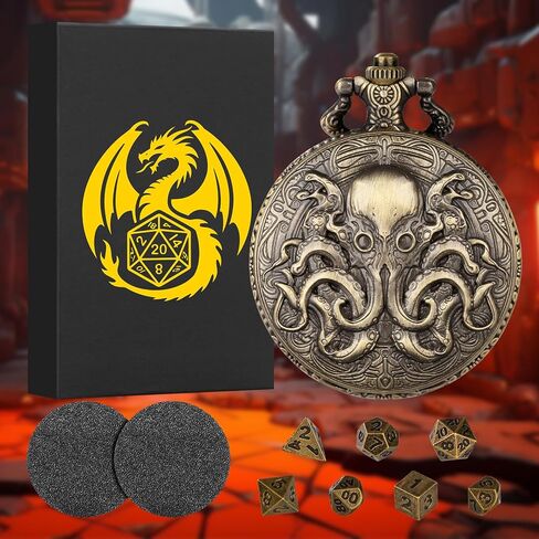 Mini DND Dice Set with Steampunk Double Eyed Octopus Pocket Watch Case, Tiny 7PCS Polyhedral Metal D&D Dice, DND Gifts with Gift Box, Role Playing Game Board Game Accessories Dice, Bronze in Saudi Arabia