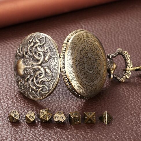 Mini DND Dice Set with Steampunk Double Eyed Octopus Pocket Watch Case, Tiny 7PCS Polyhedral Metal D&D Dice, DND Gifts with Gift Box, Role Playing Game Board Game Accessories Dice, Bronze in Saudi Arabia