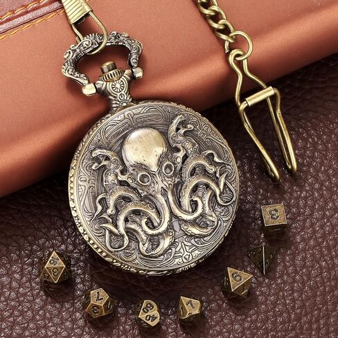 Mini DND Dice Set with Steampunk Double Eyed Octopus Pocket Watch Case, Tiny 7PCS Polyhedral Metal D&D Dice, DND Gifts with Gift Box, Role Playing Game Board Game Accessories Dice, Bronze in Saudi Arabia
