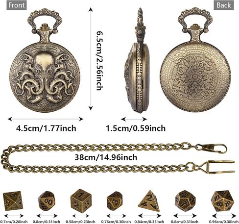 Mini DND Dice Set with Steampunk Double Eyed Octopus Pocket Watch Case, Tiny 7PCS Polyhedral Metal D&D Dice, DND Gifts with Gift Box, Role Playing Game Board Game Accessories Dice, Bronze in Saudi Arabia