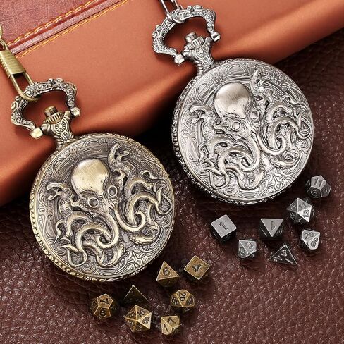 Mini DND Dice Set with Steampunk Double Eyed Octopus Pocket Watch Case, Tiny 7PCS Polyhedral Metal D&D Dice, DND Gifts with Gift Box, Role Playing Game Board Game Accessories Dice, Bronze in Saudi Arabia