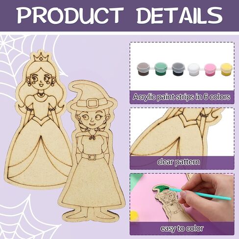 Honoson 24 Set Paint Your Own Witch and Princess Crafts DIY Wooden Painting Craft Kit Pink and Green Color Your Own Witch Princess for Birthday Gifts Party Favors in Saudi Arabia