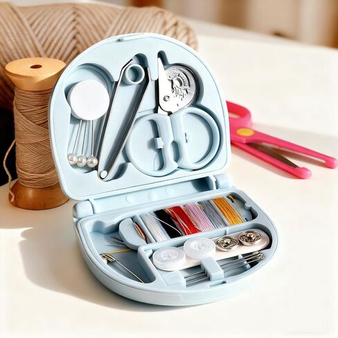 Mini Portable Sewing Box, Cute Basic Emergency Sewing Kit with Needles Threads Buttons Scissors for Travel, Small DIY Sews Supplies for Daily Use, Blue in Saudi Arabia