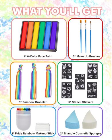 مجموعة طلاء الوجه برايد - طلاء الجسم بـ 6 ألوان قوس قزح مع عصا مكياج برايد وملصقات استنسل وسوار برايد - مثالية لموكب فخر المثليين واحتفالات شهر الفخر والحفلات in Kuwait