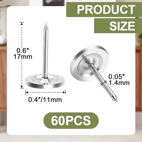 60pcs Flat Head Thumb Tacks for Wall, Silver Heavy Duty Upholstery Push Pins, 0.4" x 0.6" Decorative Wall Pins Nails for Furniture, Office, DIY Crafts in Saudi Arabia