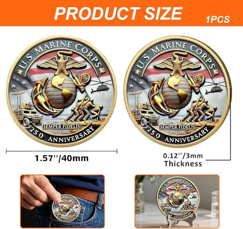 عملة تحدي الذكرى السنوية الـ 250 لمشاة البحرية الأمريكية على الوجهين - عملة تذكارية لقوات مشاة البحرية مقاس 1.57 بوصة، هدية قابلة للتحصيل للداعمين العسكريين، وشاشات عرض وطنية (عملة الذكرى السنوية الـ 250 للبحرية - أ) in Kuwait