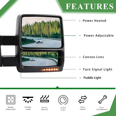 مجموعة مرايا سحب PZ لليسار واليمين لـ 2004-2007 F-150، تسخين كهربائي، ضوء إشارة كهرماني، مصباح بركة، استبدال جانبي لسائق المرآة السوداء Lh Rh in Kuwait