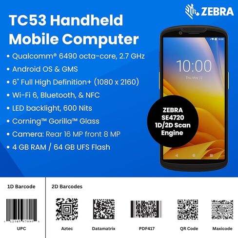 Zebra TC53 Mobile Barcode Scanner | 6" Touch Screen | WiFi 6, Bluetooth | Android Mobile Computer | 1D & 2D Scanner | Front & Rear Cameras (Renewed) in Saudi Arabia