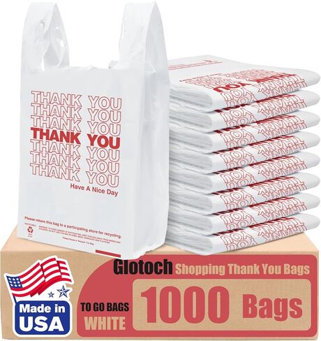 Glotoch 1000 Count-Plastic T-shirt Bags Plain White, 11.5" x 6.5" x 21" Grocery Bags with Handles for Restaurant, Retail, Grocery Store, Takeout, Convenience, Trash, Shopping Bag Small Business in Saudi Arabia