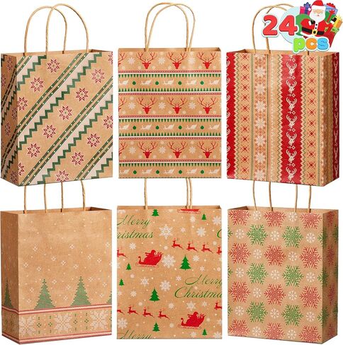 JOYIN 24 PCS Christmas Kraft Goody Bags with Handles, Holiday Paper Gift Bags for Wrapping Xmas Treat Candy, Wedding and Party Favors, Giant Gift Decorations, Classroom Use (9" x 7.3" x 3.3") in Saudi Arabia