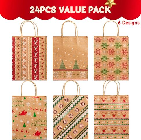 JOYIN 24 PCS Christmas Kraft Goody Bags with Handles, Holiday Paper Gift Bags for Wrapping Xmas Treat Candy, Wedding and Party Favors, Giant Gift Decorations, Classroom Use (9" x 7.3" x 3.3") in Saudi Arabia