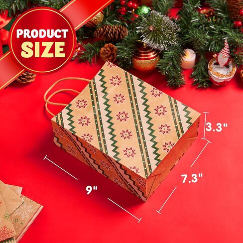 JOYIN 24 PCS Christmas Kraft Goody Bags with Handles, Holiday Paper Gift Bags for Wrapping Xmas Treat Candy, Wedding and Party Favors, Giant Gift Decorations, Classroom Use (9" x 7.3" x 3.3") in Saudi Arabia