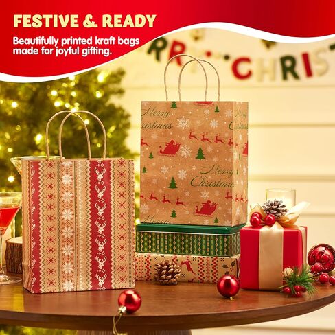 JOYIN 24 PCS Christmas Kraft Goody Bags with Handles, Holiday Paper Gift Bags for Wrapping Xmas Treat Candy, Wedding and Party Favors, Giant Gift Decorations, Classroom Use (9" x 7.3" x 3.3") in Saudi Arabia