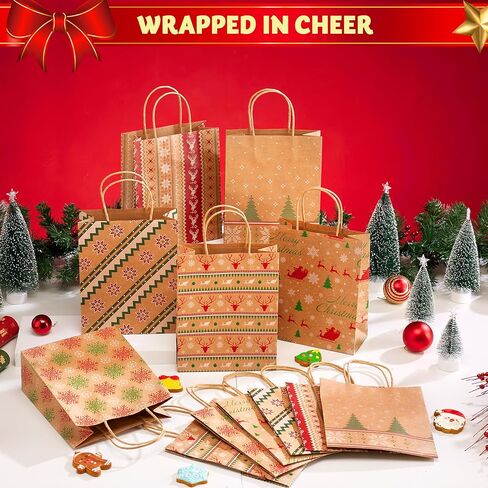 JOYIN 24 PCS Christmas Kraft Goody Bags with Handles, Holiday Paper Gift Bags for Wrapping Xmas Treat Candy, Wedding and Party Favors, Giant Gift Decorations, Classroom Use (9" x 7.3" x 3.3") in Saudi Arabia
