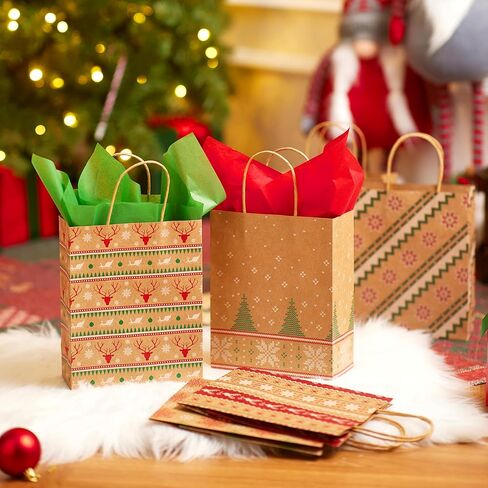 JOYIN 24 PCS Christmas Kraft Goody Bags with Handles, Holiday Paper Gift Bags for Wrapping Xmas Treat Candy, Wedding and Party Favors, Giant Gift Decorations, Classroom Use (9" x 7.3" x 3.3") in Saudi Arabia
