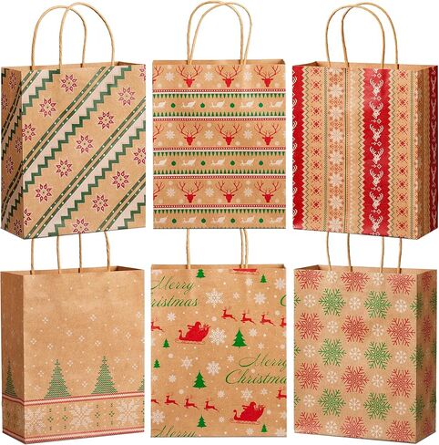JOYIN 24 PCS Christmas Kraft Goody Bags with Handles, Holiday Paper Gift Bags for Wrapping Xmas Treat Candy, Wedding and Party Favors, Giant Gift Decorations, Classroom Use (9" x 7.3" x 3.3") in Saudi Arabia