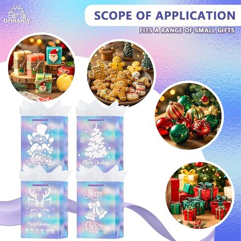 OFIHANLY 4 عبوات من أكياس هدايا عيد الميلاد صغيرة الحجم مقاس 9 بوصات مع مقابض لعطلة عيد الميلاد تقدم حقيبة تغليف ورقية لطيفة مع مناديل ورقية للأطفال in Saudi Arabia