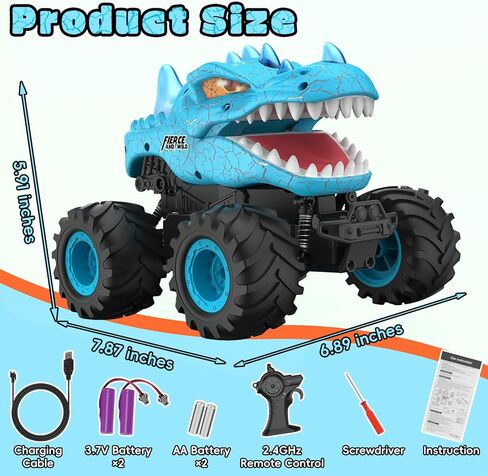 Dinosaur Remote Control Car, 2.4GHz Monster Truck Toys Rechargeable RC Cars 1:24 Scale RC Truck with LED Light Movable Mouth, Dinosaur Cars Toys for Kids Boys 6-8 8-12 Birthday Gift, Blue in Saudi Arabia