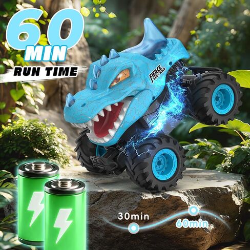 Dinosaur Remote Control Car, 2.4GHz Monster Truck Toys Rechargeable RC Cars 1:24 Scale RC Truck with LED Light Movable Mouth, Dinosaur Cars Toys for Kids Boys 6-8 8-12 Birthday Gift, Blue in Saudi Arabia