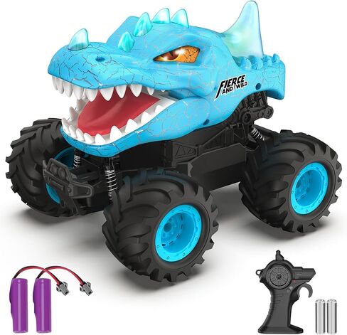 Dinosaur Remote Control Car, 2.4GHz Monster Truck Toys Rechargeable RC Cars 1:24 Scale RC Truck with LED Light Movable Mouth, Dinosaur Cars Toys for Kids Boys 6-8 8-12 Birthday Gift, Blue in Saudi Arabia