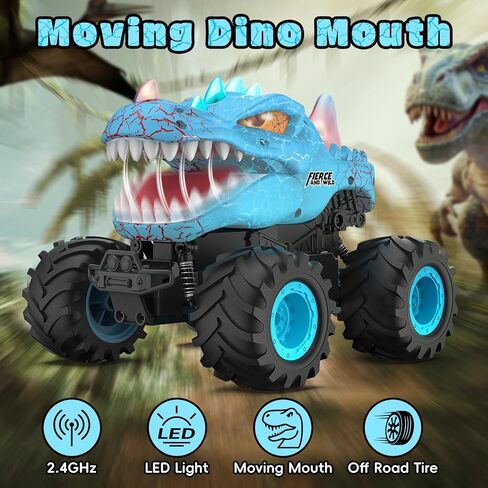 Dinosaur Remote Control Car, 2.4GHz Monster Truck Toys Rechargeable RC Cars 1:24 Scale RC Truck with LED Light Movable Mouth, Dinosaur Cars Toys for Kids Boys 6-8 8-12 Birthday Gift, Blue in Saudi Arabia