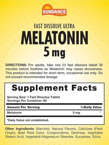 Melatonin 5mg Fast Dissolve | 180 Vegetarian Tablets | Natural Berry Flavor | Vegetarian, Non-GMO and Gluten Free Supplement | by Sundance in Saudi Arabia