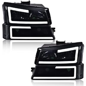 مجموعة المصابيح الأمامية PIT66 LED DRL متوافقة مع Chevy Silverado 1500 2500 3500 HD موديل 2003-2006 Fit Avalanche 1500 2500 (تناسب بدون كسوة فقط) المصابيح الأمامية عدسة دخانية غطاء أسود عاكس شفاف in Kuwait