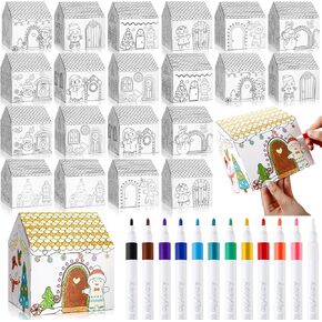 Tenceur 32 Pcs Christmas Gingerbread Paper Coloring Houses DIY Set Xmas Blank Build and Color Cardboard House with Painting Brushes Holiday Party Favor Ornament Gifts for Adults Tree Decor in Kuwait