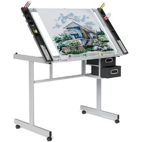 Adjustable Height Drafting Table with Glass Top, Art Craft Desk with Slide-Out Drawers, Storage, for Drawing, Writing, Painting, and Creative Tasks, Ideal for Home Office in Saudi Arabia