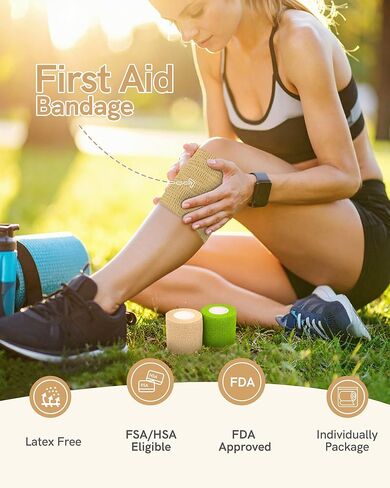 FriCARE Latex Free Self Adhesive Bandage, Medical Supplies First Aid Tape Self-Adherent Cohesive Bandages, Non-Woven Elastic Athletic Spat Tape Vet Wrap Fluorescent Yellow 6 Rolls 2 Inches x 5 Yards in Kuwait