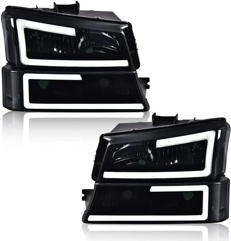 مجموعة المصابيح الأمامية PIT66 LED DRL متوافقة مع Chevy Silverado 1500 2500 3500 HD موديل 2003-2006 Fit Avalanche 1500 2500 (تناسب بدون كسوة فقط) المصابيح الأمامية عدسة دخانية غطاء أسود عاكس شفاف in Kuwait