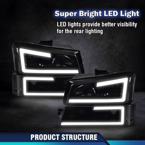 مجموعة المصابيح الأمامية PIT66 LED DRL متوافقة مع Chevy Silverado 1500 2500 3500 HD موديل 2003-2006 Fit Avalanche 1500 2500 (تناسب بدون كسوة فقط) المصابيح الأمامية عدسة دخانية غطاء أسود عاكس شفاف in Kuwait