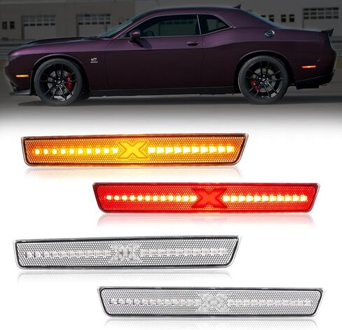LED Side Marker Lights Compatible with 2015-2020 Dodge Challenger w/ [X Style] Light Beam [Patent Pending], Front Rear Bumper Marker Lamps, Clear Lens Pack of 4(RED/AMBER) in Saudi Arabia
