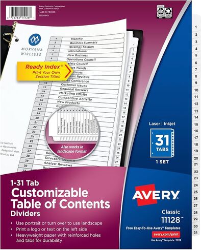 Avery 1-31 Tab Dividers for 3 Ring Binders, Customizable Table of Contents, Classic White Tabs, 1 Set (11128) in Kuwait