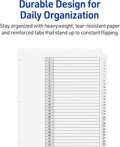 Avery 1-31 Tab Dividers for 3 Ring Binders, Customizable Table of Contents, Classic White Tabs, 1 Set (11128) in Kuwait